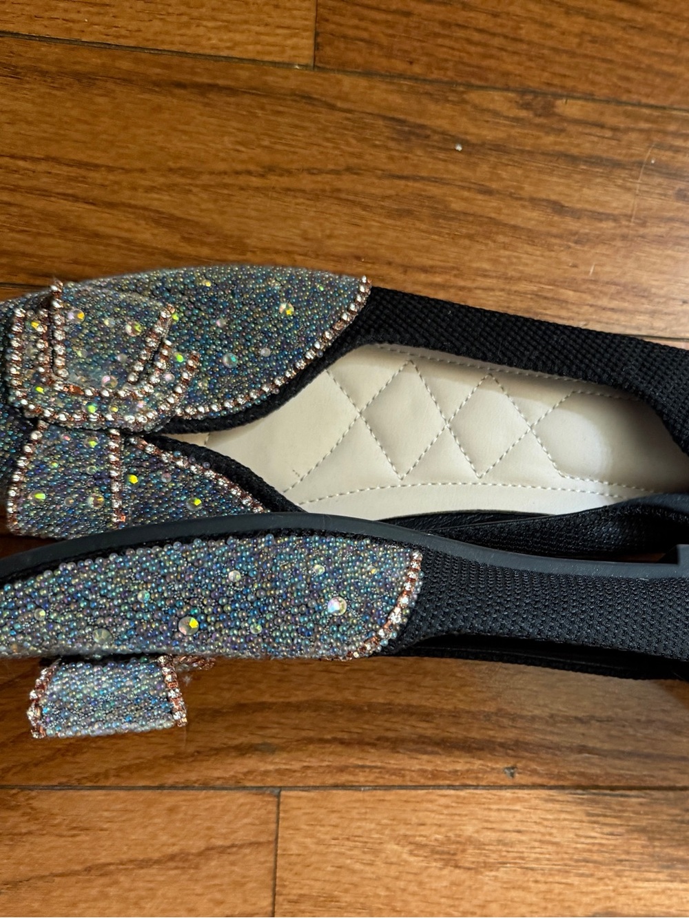 Amazon Black Slip-On Flats with Iridescent Crystal Bow